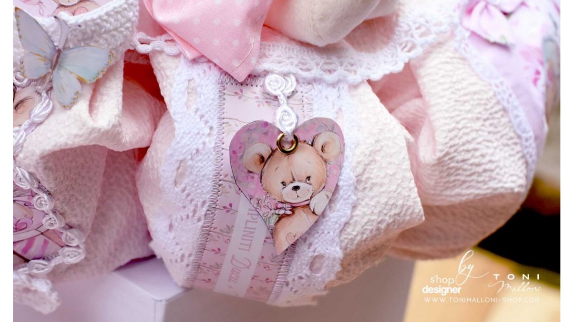 Lumanare de botez cu ursuleti roz, dantela roz si pattern floral cu trandafiri Teddy Bear Pink 9